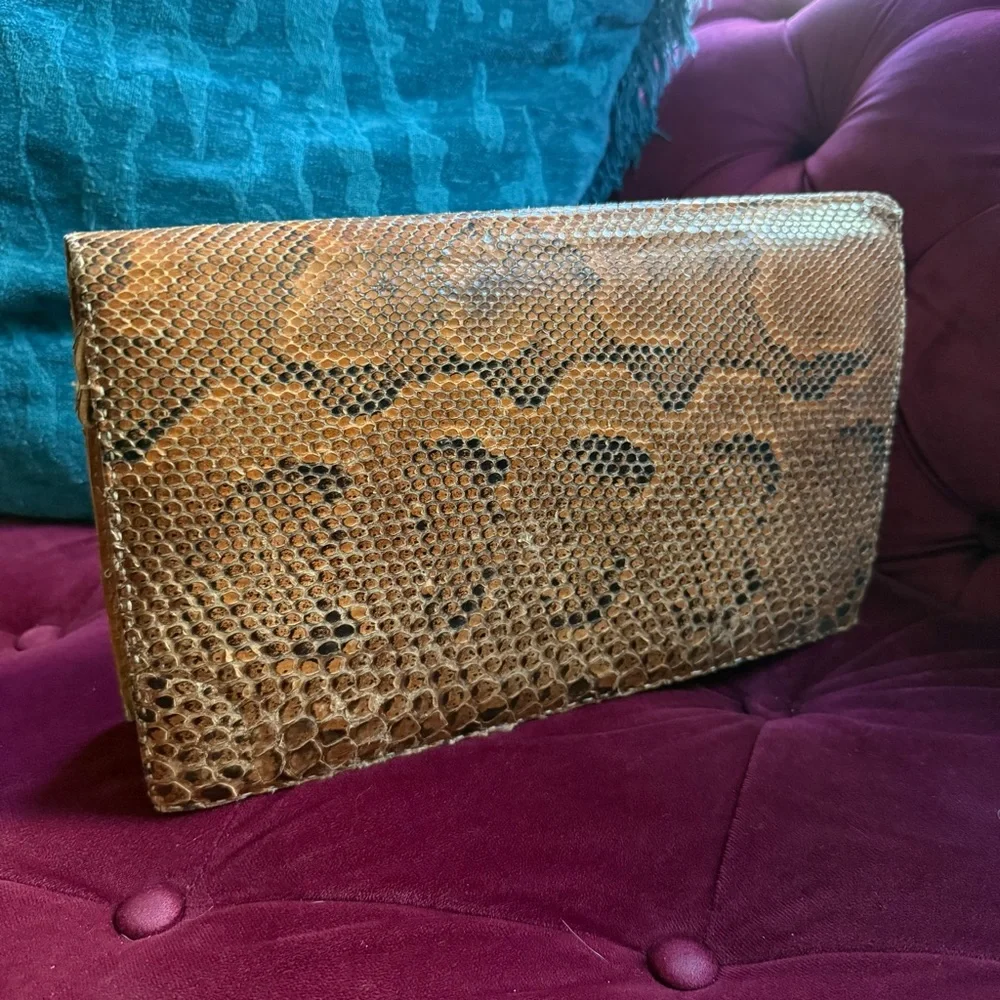 Vintage - Handmade Brown Snakeskin Accordion Clutch Shoulder Bag